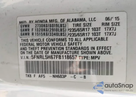 2015 Honda Odyssey Ex-L z USA, uszkodzony, nr VIN 5FNRL5H67FB118657